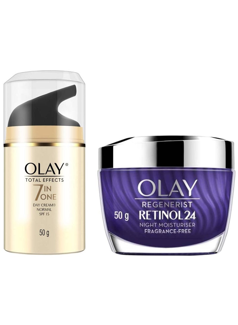 Olay Night Cream: Regenerist Retinol 24 Moisturiser, 50 g & Olay Total Effects Day Cream |with Vitamin B5, Niacinamide, Green Tea, SPF 15 50 gm - Image 1